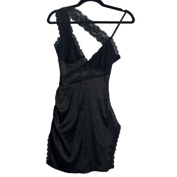 OUTCAST Women Satin Lace Jessica Mini Dress Sz XS Black Alluring Sleek Sexy 5-10 - Picture 2 of 16